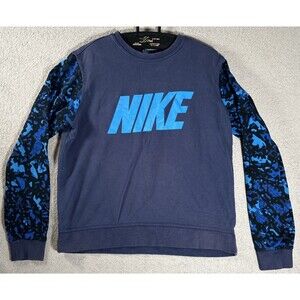 Nike‎ Womens Size L Blue Pull Over Sweater Camo Spell Out Logo Sweatshirt